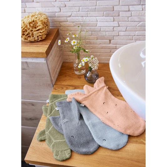 Bio Frottier Baby-+Kinder-Waschhandschuh Wal in Blau Muster Wal von Lässig Größe 13x22 cm