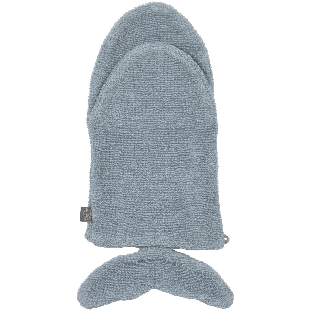 Bio Frottier Baby-+Kinder-Waschhandschuh Wal in Blau Muster Wal von Lässig Größe 13x22 cm