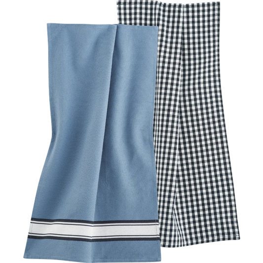 Bio Geschirrtuch 2er-Pack in Blau Muster Streifen und Karo von Living Crafts Größe 50x75 cm