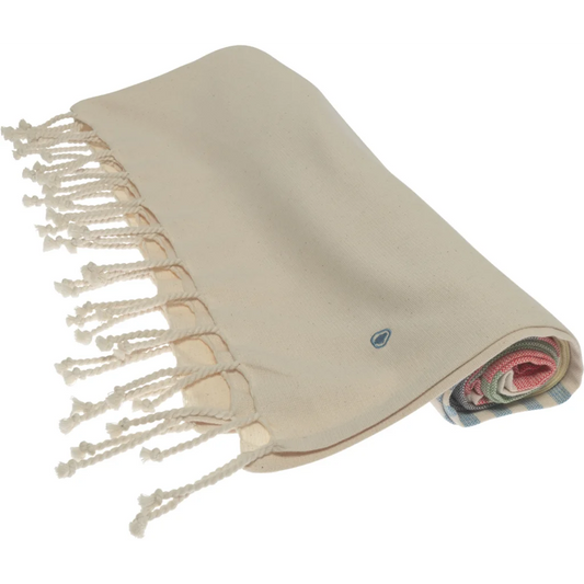 Bio Hamamtuch in Creme+Blau+Gelb+Rot Muster Streifen von Living Crafts Größe 100x200 cm