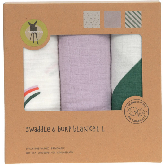 Bio Mull Baby-Tuch Regenbogen 3er-Pack in Flieder Lila Muster Regenbogen+Streifen von Lässig Größe 85x85 cm
