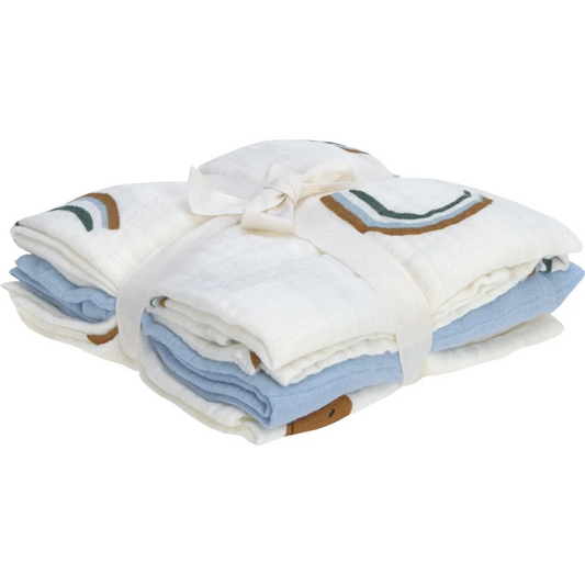 Bio Mull Baby-Tuch Smiley 3er-Pack in Hellblau Blau Muster Regenbogen+Smiley von Lässig Größe 60x60 cm