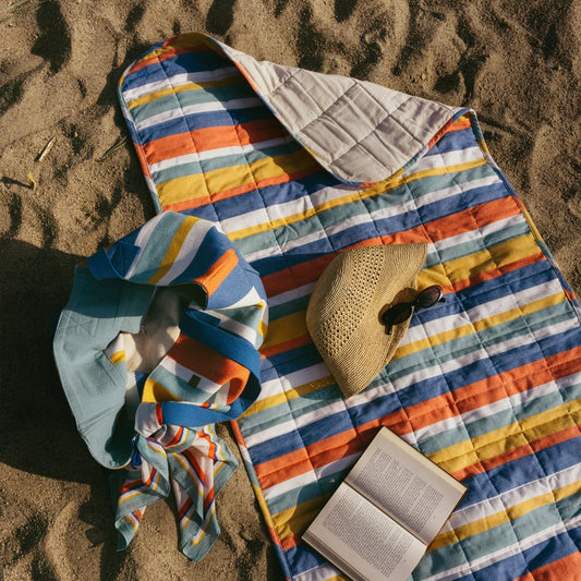 Bio Strandmatte Streifen in Blau+Türkis+Orange+Creme Blau+Blau+Orange+Creme Muster Streifen von Living Crafts Größe 75x190 cm