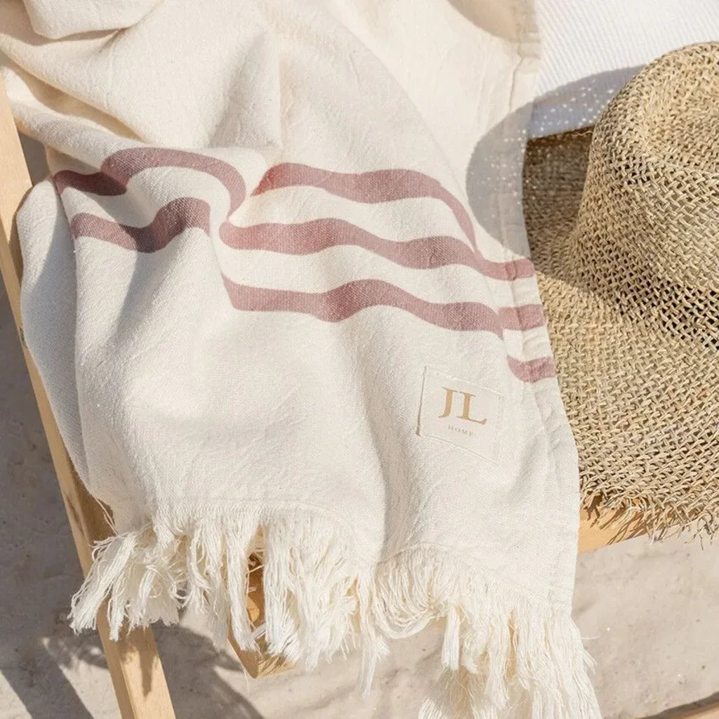 Bio Strandtuch mit Fransen in Creme+Braun Muster Streifen von Jean&Len Größe 90x165 cm