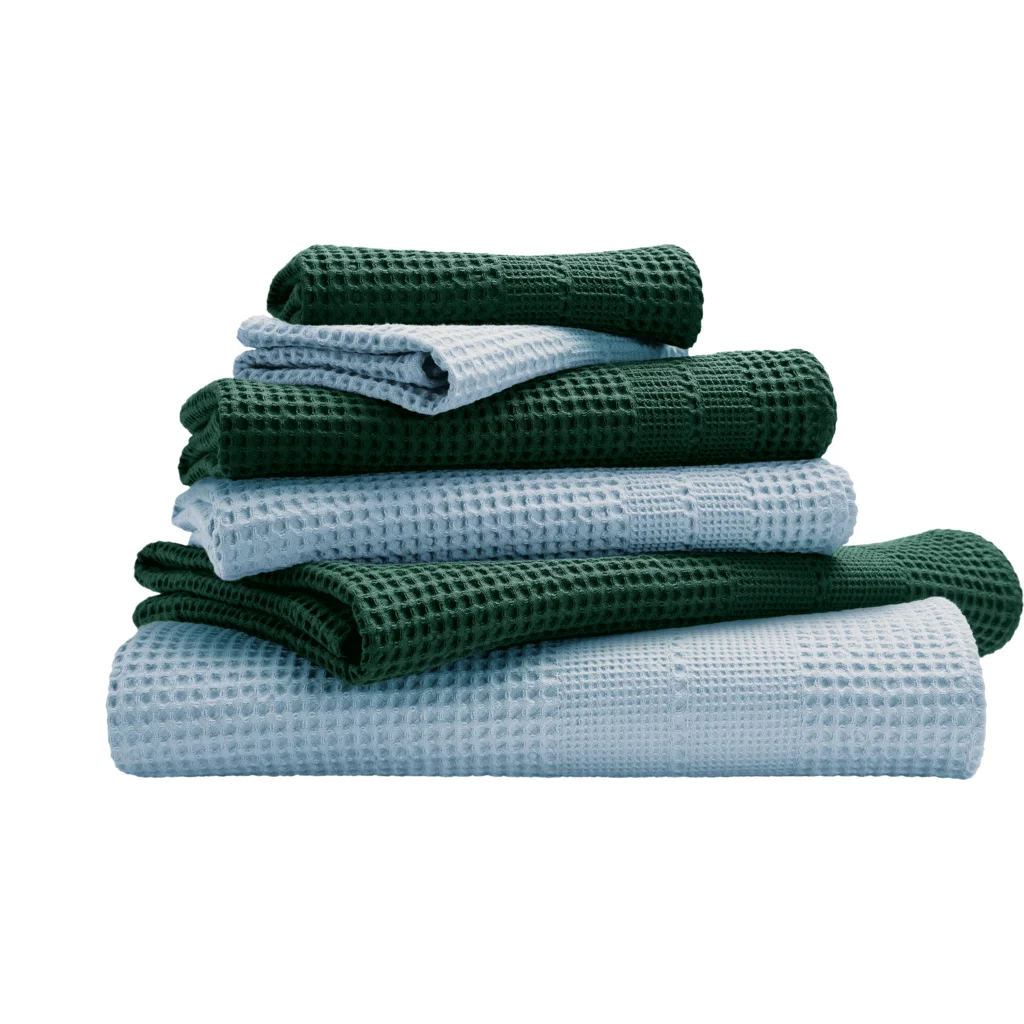 Bio Waffelpiqué Geschenkset 6-teilig in Smaragd+Hellblau Grün+Blau von Cotonea Größe 2x 35x50 cm+ 2x 50x100 cm+ 2x 70x140 cm