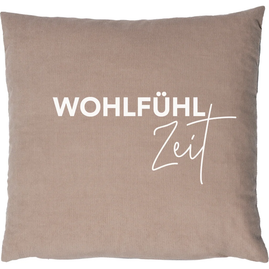 Cord Kissen mit Füllung Zirbenholz WOHLFÜHLZEIT in Sand Muster Unifarben mit Aufdruck von herbalind Größe 30x30 cm