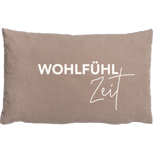 Cord Kissen rechteckig mit Füllung Zirbenholz WOHLFÜHLZEIT in Sand Muster Unifarben mit Aufdruck von herbalind Größe 30x20 cm