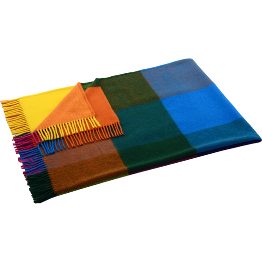 Decke MOSEL in Blau+Grün+Orange+Gelb Muster Gemustert von Steinbeck Größe 130x180 cm (inkl. Fransen)