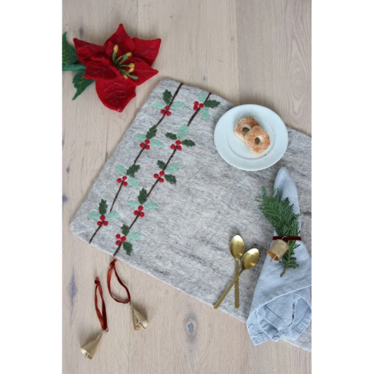 Filz Tischset Stechpalme in Hellgrau+Olive+Rot Grau+Grün+Rot Muster Stechpalme von GLOBO Größe 45x35 cm