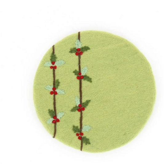 Filz Untersetzer rund Stechpalme in Hellgrün+Grün+Rot Grün+Grün+Rot Muster Stechpalme von GLOBO Größe Ø 21 cm