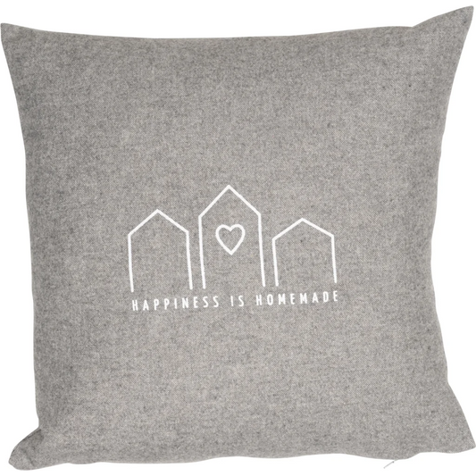 Flanell Kissen mit Füllung Zirbenholz HAPPINESS IS HOMEMADE in Hellgrau Grau Muster Unifarben mit Aufdruck von herbalind Größe 30x30 cm