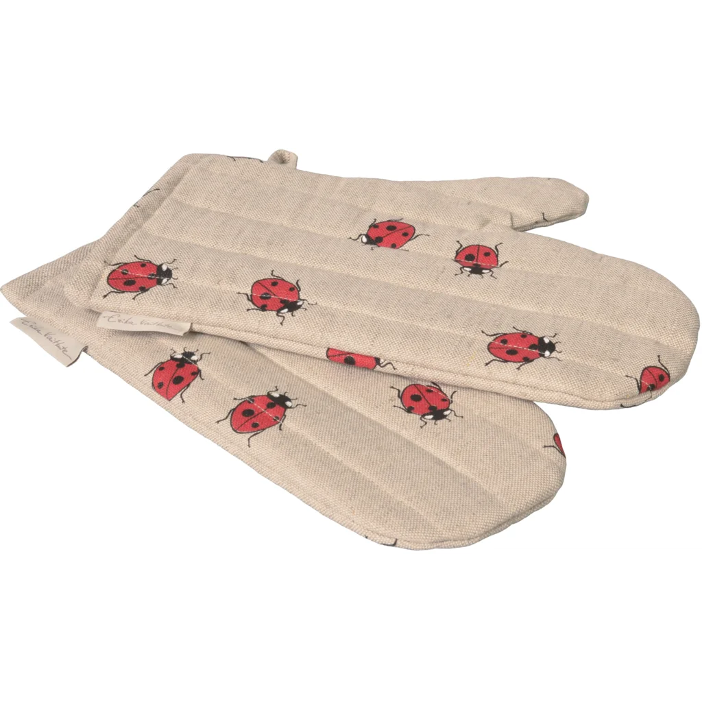 Halbleinen Ofenhandschuh Marienkäfer 2er-Pack in Beige+Rot+Schwarz Muster Marienkäfer von Erika Vaitkute Größe 15x30 cm