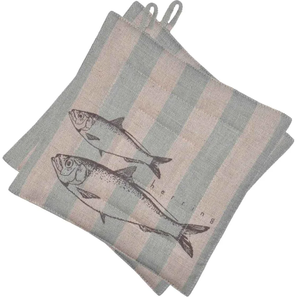 Halbleinen Topflappen Fische 2er-Pack in Beige+Hellblau Beige+Blau Muster Streifen+ Fische von Erika Vaitkute Größe 23x23 cm
