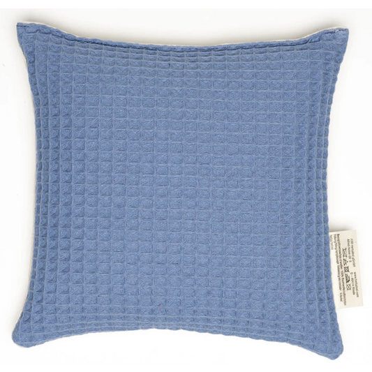 Kinder-Wärmekissen mit Füllung Bio-Getreide & Lavendel TRÄUMELAND in Creme+Blau Muster Unifarben mit Aufdruck von herbalind Größe 19x19 cm