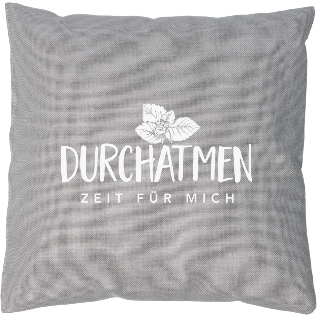 Kissen mit Füllung Kräuter DURCHATMEN in Grau Muster Unifarben mit Aufdruck von herbalind Größe 20x20 cm