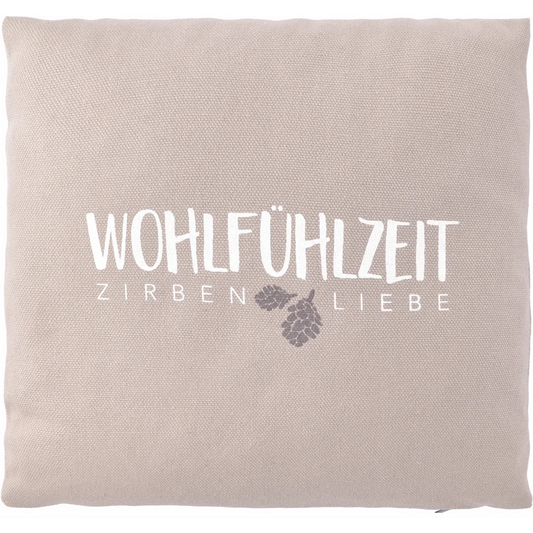 Kissen mit Füllung Zirbenholz WOHLFÜHLZEIT in Taupe Grau Muster Unifarben mit Aufdruck von herbalind Größe 40x40 cm