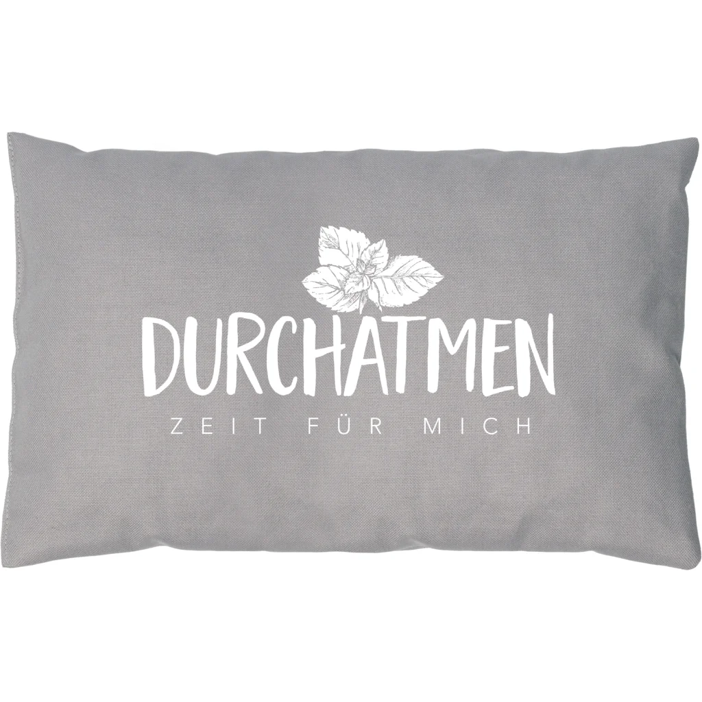 Kissen rechteckig mit Füllung Kräuter DURCHATMEN in Grau Muster Unifarben mit Aufdruck von herbalind Größe 30x20 cm
