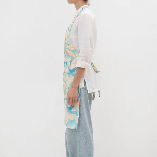 Leinen Alltagsschürze Aquarell in Atlantik+Apricot Blau+Orange Muster Aquarell von Linen Tales Größe 54 cm breit+ 77 cm lang