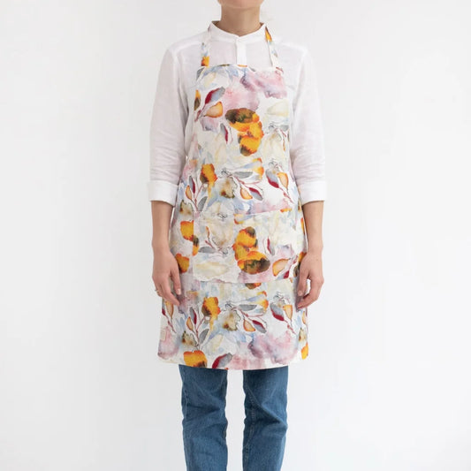Leinen Alltagsschürze Aquarell in Weiß+Orange Muster Aquarell von Linen Tales Größe 70 cm breit+ 82 cm lang