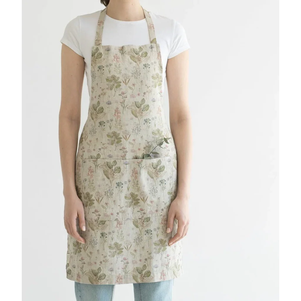 Leinen Alltagsschürze Botanik in Creme+Rosa+Grün+Braun Muster Botanik von Linen Tales Größe 70 cm breit+ 82 cm lang
