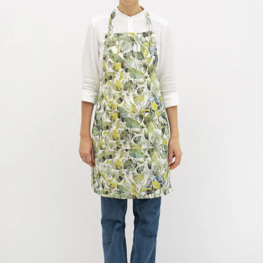 Leinen Alltagsschürze Lotusblätter in Weiß+Grün Muster Lotusblätter von Linen Tales Größe 70 cm breit+ 82 cm lang