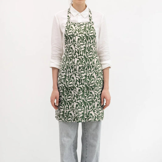 Leinen Alltagsschürze Ranke in Grün+Beige Muster Ranke von Linen Tales Größe 70 cm breit+ 82 cm lang