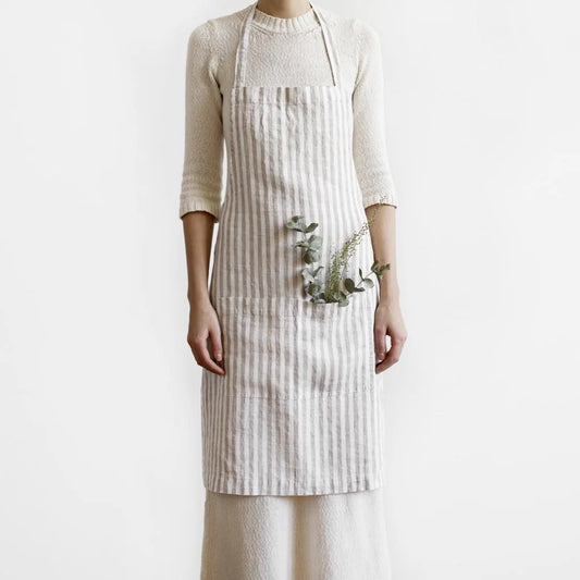 Leinen Alltagsschürze Streifen in Creme+Beige Muster Streifen von Linen Tales Größe 70 cm breit+ 82 cm lang