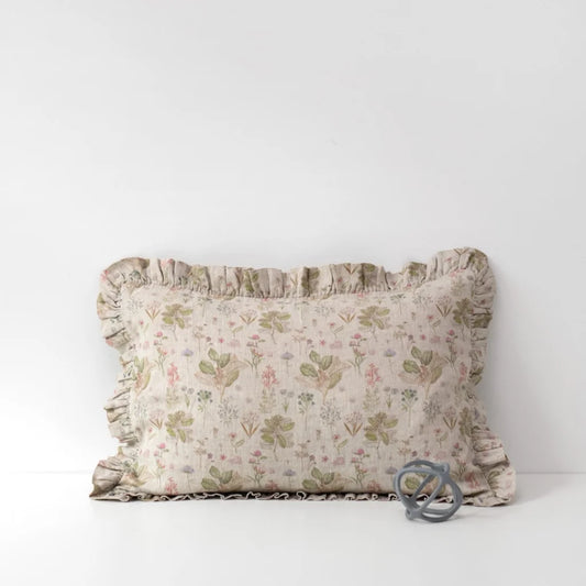 Leinen Baby-+Kinder-Bettwäsche Botanik Kissenbezug mit Rüschen in Creme+Rosa+Grün+Braun Muster Botanik von Linen Tales Größe 40x45 cm