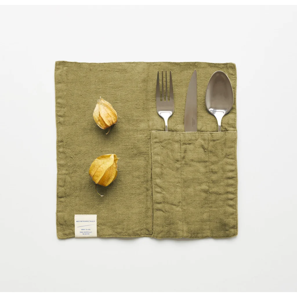 Leinen Bestecktasche 2er-Pack in Olive Grün von Linen Tales Größe 23x23 cm