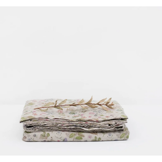 Leinen Bettlaken Botanik in Creme+Rosa+Grün+Braun Muster Botanik von Linen Tales Größe 180x260 cm