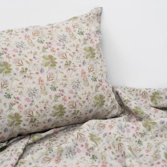 Leinen Bettwäsche Botanik Kissenbezug in Creme+Rosa+Grün+Braun Muster Botanik von Linen Tales Größe 40x40 cm