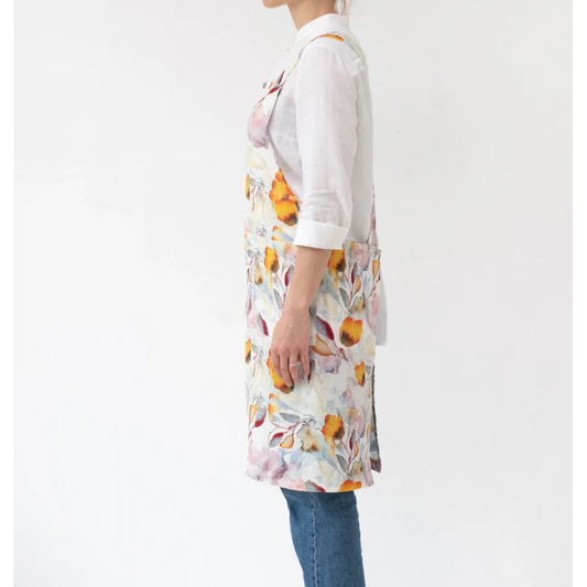 Leinen Crossback-Schürze Aquarell in Weiß+Orange Muster Aquarell von Linen Tales Größe 94 cm breit+ 83 cm lang