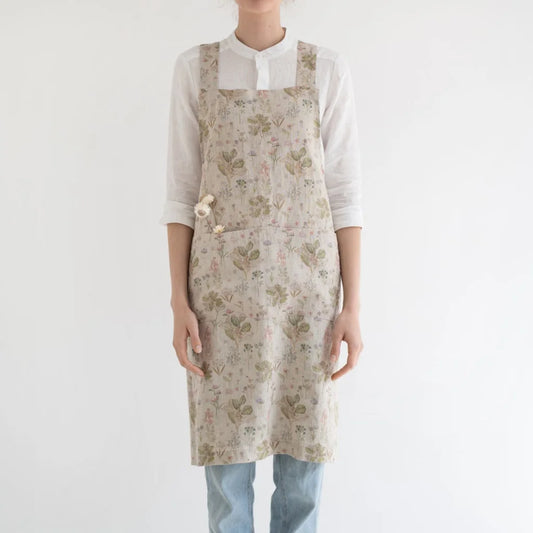 Leinen Crossback-Schürze Botanik in Creme+Rosa+Grün+Braun Muster Botanik von Linen Tales Größe 94 cm breit+ 83 cm lang