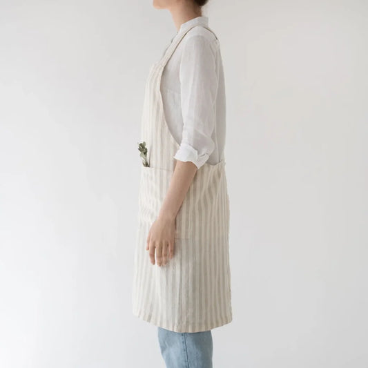 Leinen Crossback-Schürze Streifen in Creme+Beige Muster Streifen von Linen Tales Größe 94 cm breit+ 83 cm lang