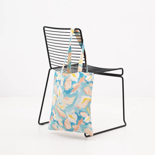 Leinen Einkaufstasche Aquarell in Atlantik+Apricot Blau+Orange Muster Aquarell von Linen Tales Größe 38 cm breit+ 42 cm lang