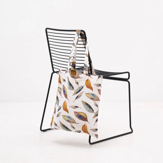 Leinen Einkaufstasche Blätter in Weiß+Grün+Orange Muster Blätter von Linen Tales Größe 38 cm breit+ 42 cm lang