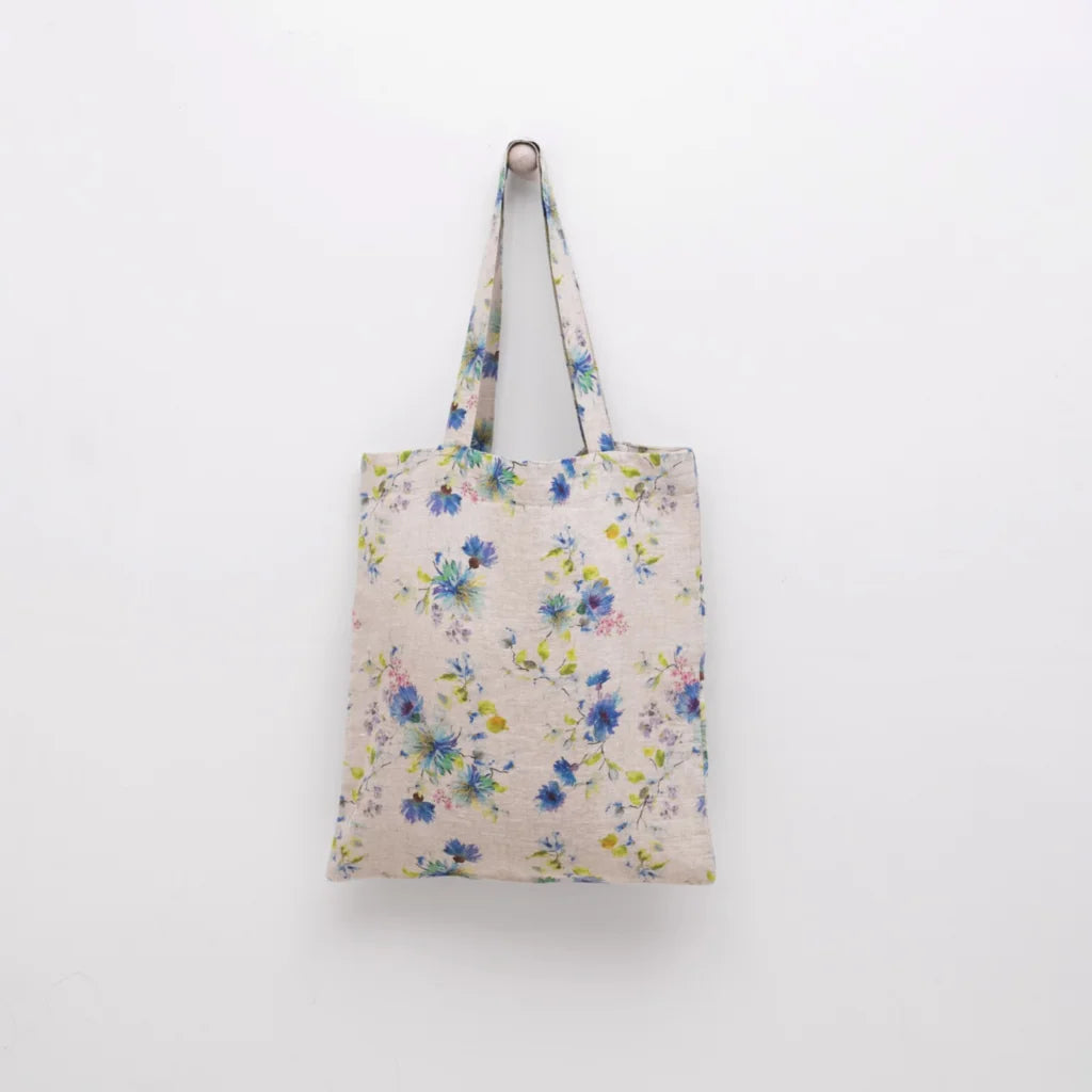 Leinen Einkaufstasche Blumen in Creme+Blau Muster Blumen von Linen Tales Größe 38 cm breit+ 42 cm lang