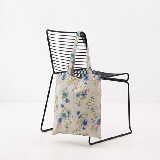 Leinen Einkaufstasche Blumen in Creme+Blau Muster Blumen von Linen Tales Größe 38 cm breit+ 42 cm lang