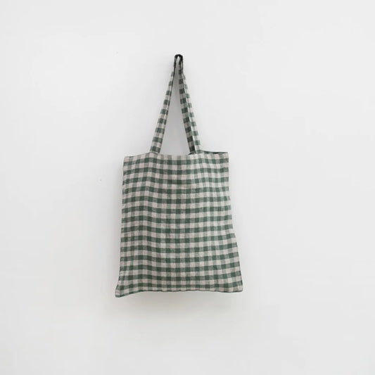 Leinen Einkaufstasche Karo in Waldgrün+Beige Grün+Beige Muster Karo von Linen Tales Größe 38 cm breit+ 42 cm lang