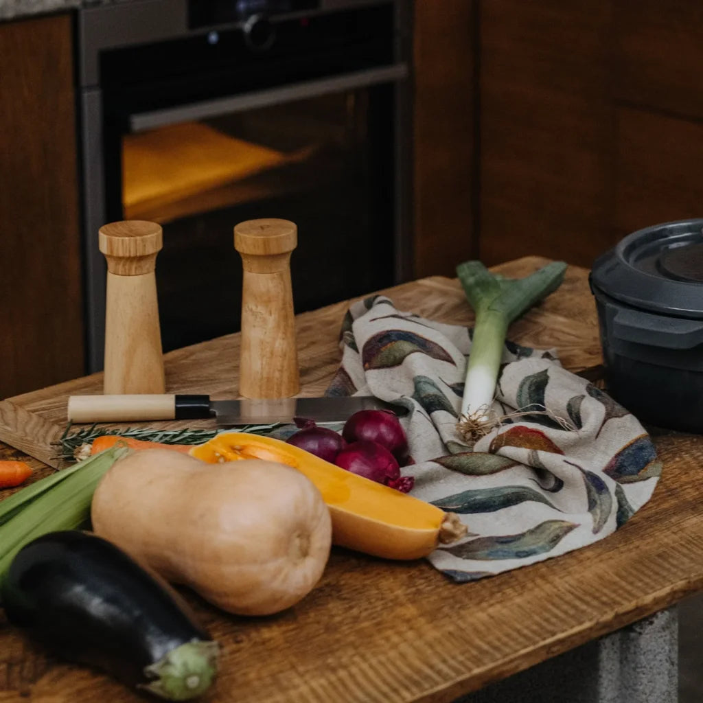 Leinen Geschirrtuch Blätter 2er-Pack in Creme+Grün+Orange Muster Blätter von Linen Tales Größe 45x65 cm