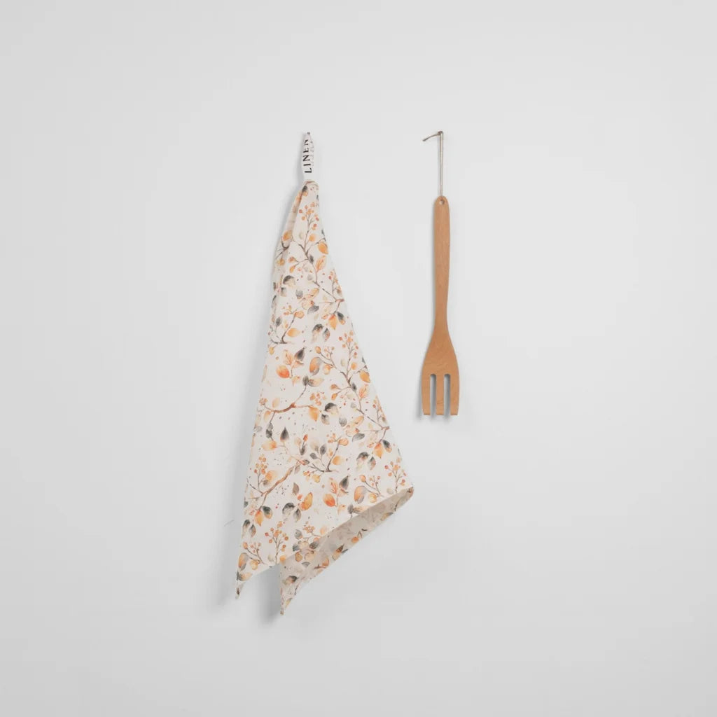Leinen Geschirrtuch Blätter 2er-Pack in Weiß+Orange+Grau Muster Blätter von Linen Tales Größe 45x65 cm