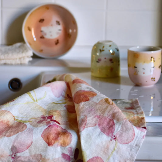 Leinen Geschirrtuch Blumen 2er-Pack in Weiß+Rosa+Orange Muster Blumen von Linen Tales Größe 45x65 cm