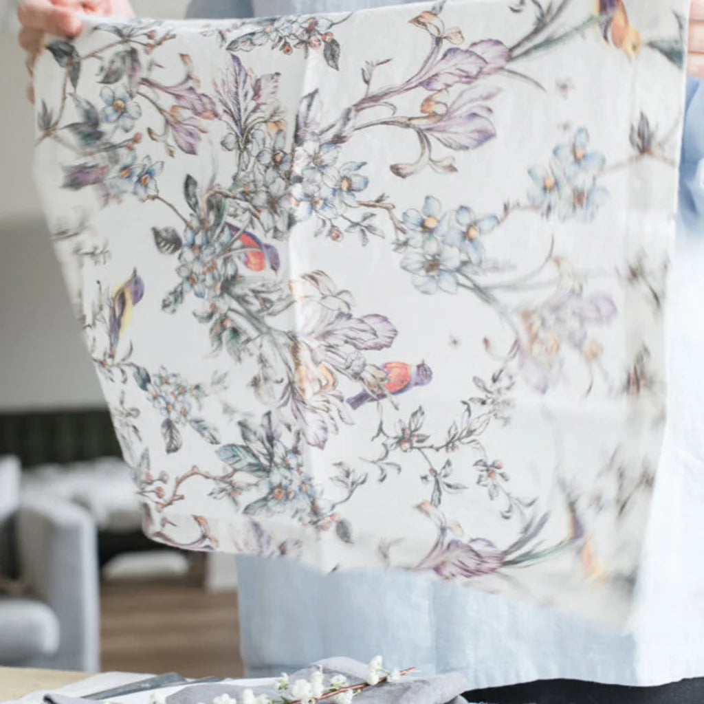 Leinen Geschirrtuch Vögel 2er-Pack in Weiß+Flieder+Grün Weiß+Lila+Grün Muster Vögel von Linen Tales Größe 45x65 cm