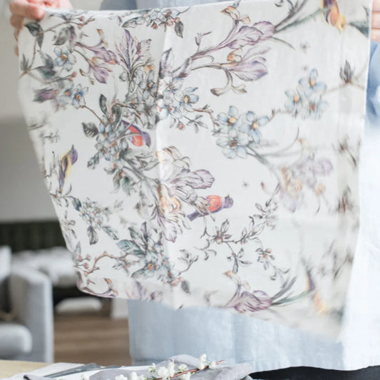 Leinen Geschirrtuch Vögel 2er-Pack in Weiß+Flieder+Grün Weiß+Lila+Grün Muster Vögel von Linen Tales Größe 45x65 cm