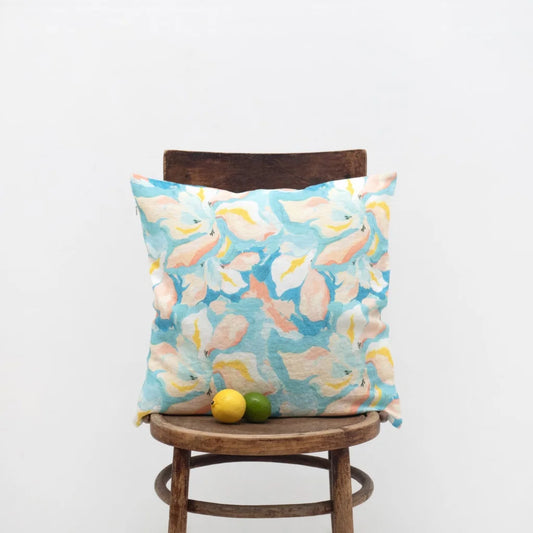 Leinen Kissenhülle Aquarell in Atlantik+Apricot Blau+Orange Muster Aquarell von Linen Tales Größe 40x40 cm