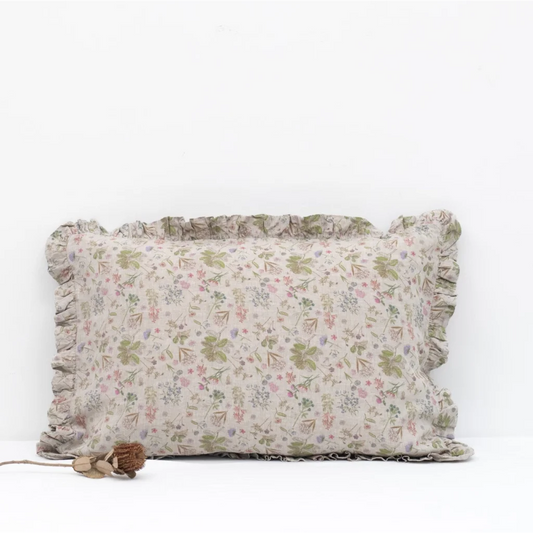 Leinen Kissenhülle Botanik mit Rüschen in Creme+Rosa+Grün+Braun Muster Botanik von Linen Tales Größe 40x60 cm