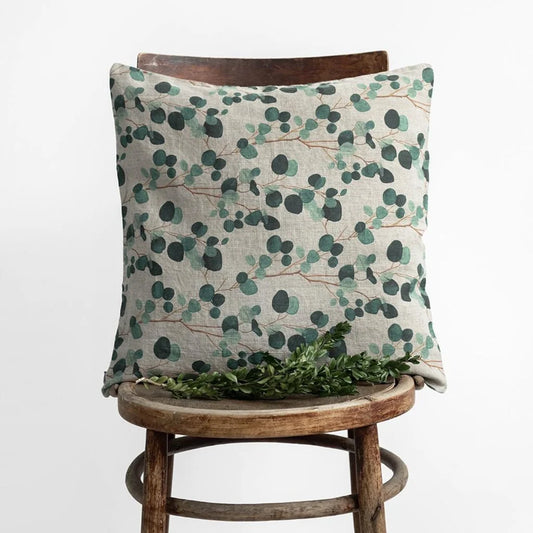 Leinen Kissenhülle Eukalyptus in Creme+Grün+Dunkelgrün Creme++Grün+Grün Muster Eukalyptus von Linen Tales Größe 40x40 cm