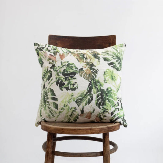 Leinen Kissenhülle Tropical in Creme+Dunkelgrün Creme+Grün Muster Tropical von Linen Tales Größe 40x60 cm