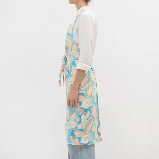 Leinen Kochschürze Aquarell in Atlantik+Apricot Blau+Orange Muster Aquarell von Linen Tales Größe 100 cm breit+ 98 cm lang