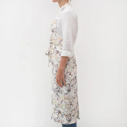 Leinen Kochschürze Blumen in Weiß+Flieder+Gelb Weiß+Lila+Gelb Muster Blumen von Linen Tales Größe 100 cm breit+ 98 cm lang